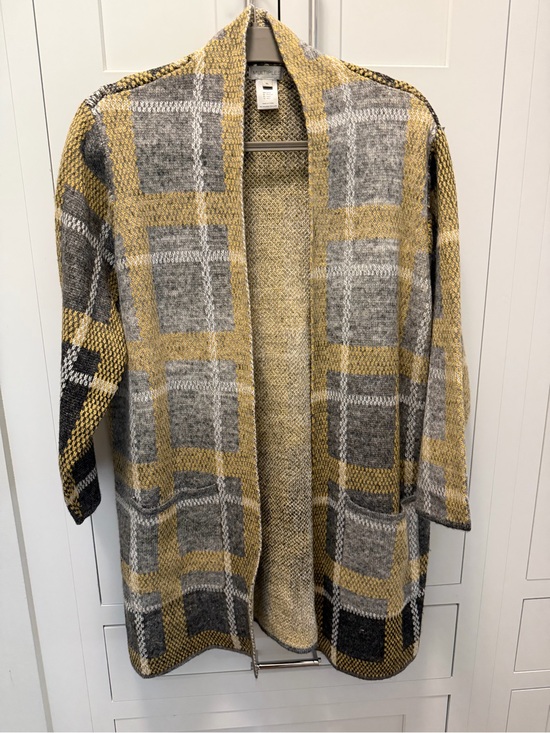 Multiples Sweaters - Sweater Cardigan Multiples Open Front Plaid Gray